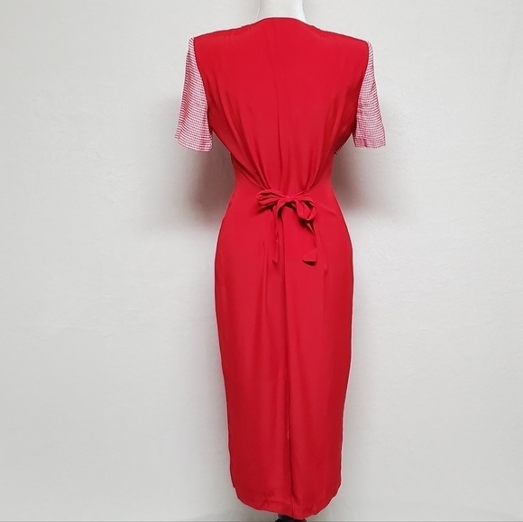 𝅺BRIOCHE 80s Vintage Red Gingham Plaid Cropped Jacket Tie Pleated Wiggle Dress - Picture 12 of 16